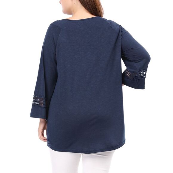 Women's Plus Size Crochet Panel Kimono Raglan Sleeves Tops Blue - Picture 5 of 6
